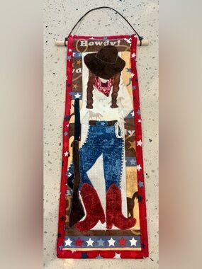 Western Patriotic Cowgirl Fabric Wall Hanging - Red, Blue, Brown